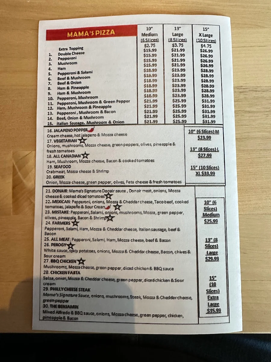 Menu, Mama's Restaurant Okotoks