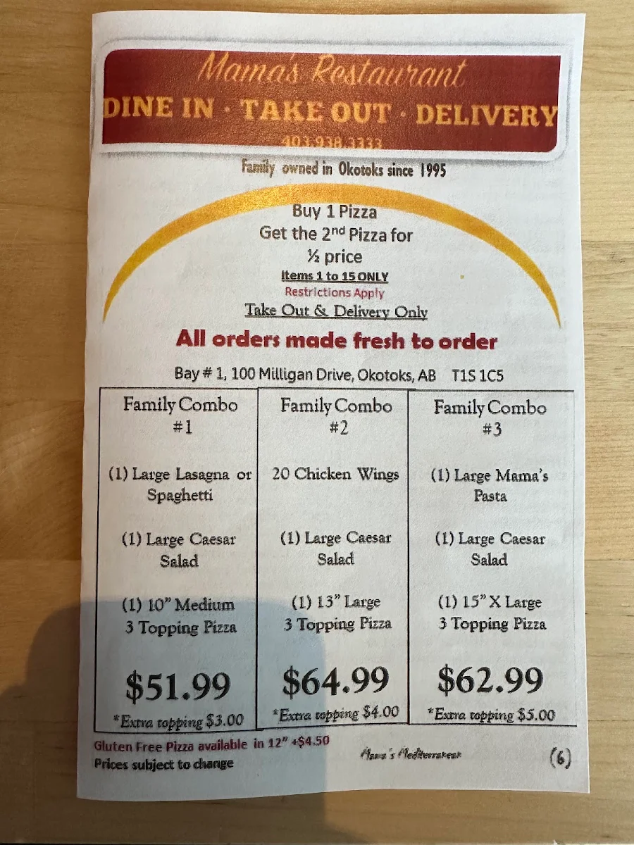Menu, Mama's Restaurant Okotoks