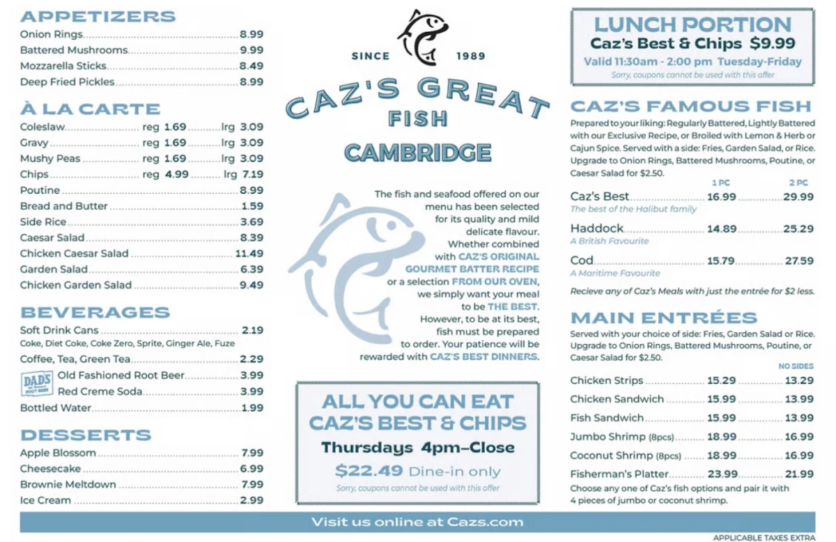 Menu, Caz's Great Fish Cambridge