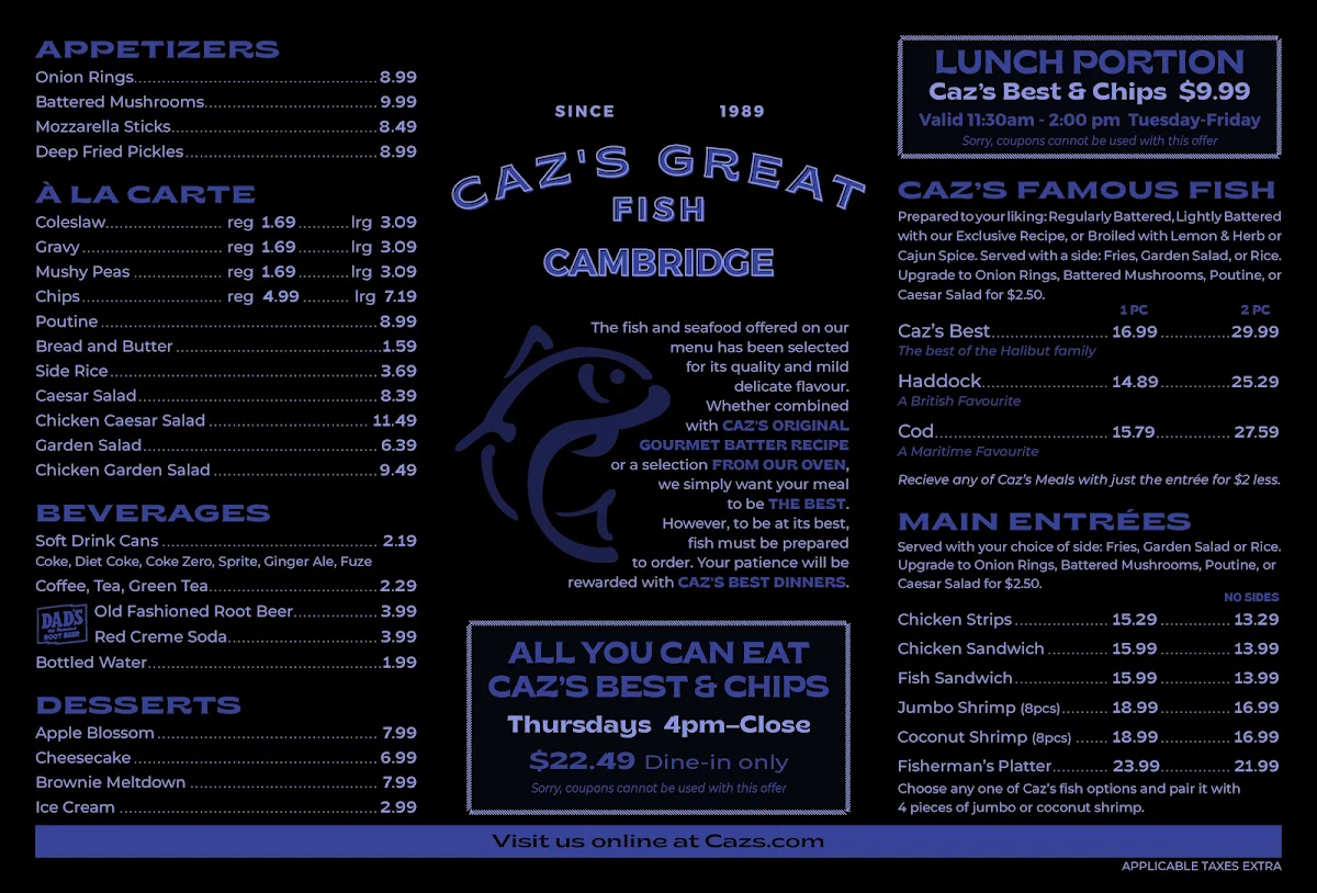 Menu, Caz's Great Fish Cambridge