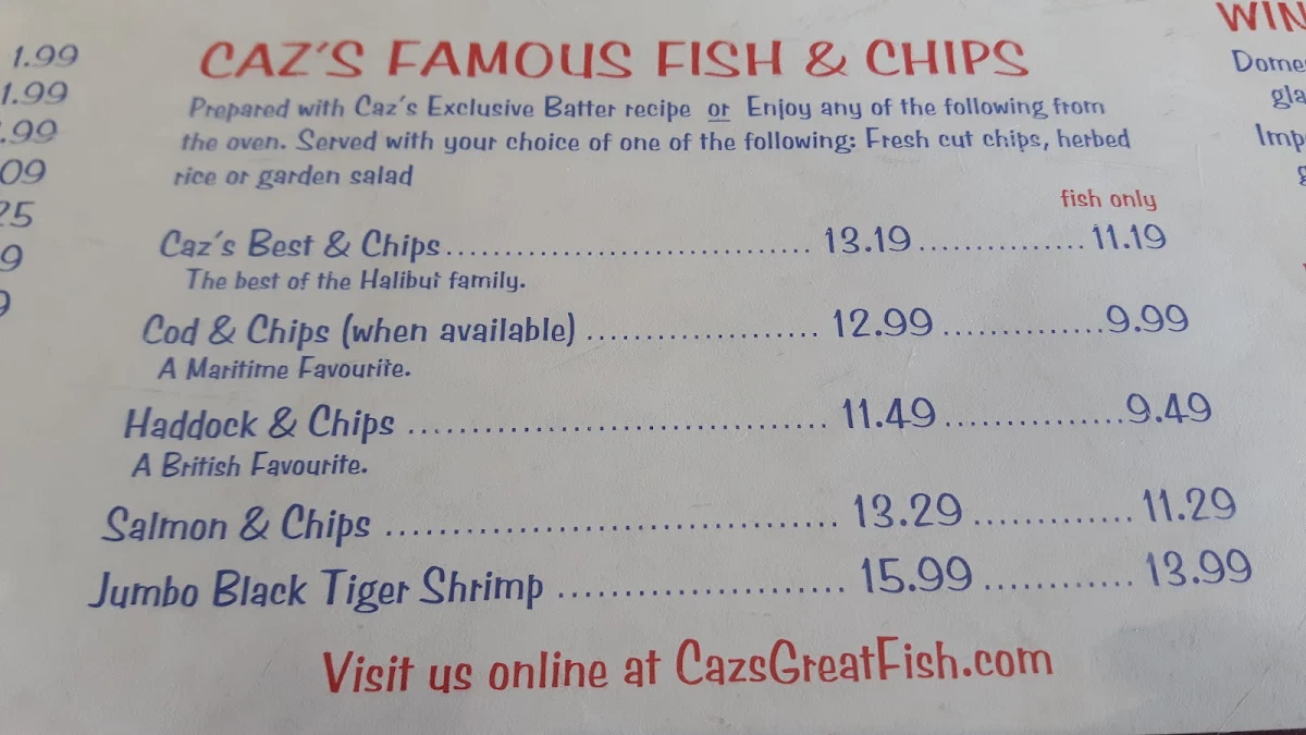 Menu, Caz's Great Fish Cambridge