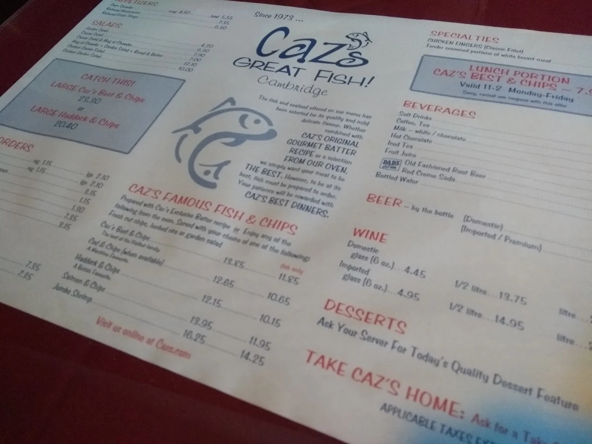 Menu, Caz's Great Fish Cambridge