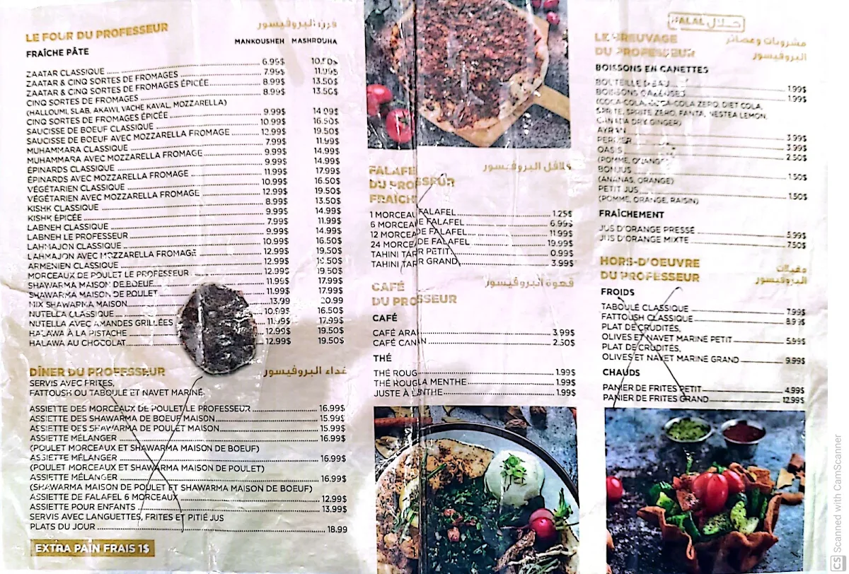 Menu, Restaurant Le Professeur