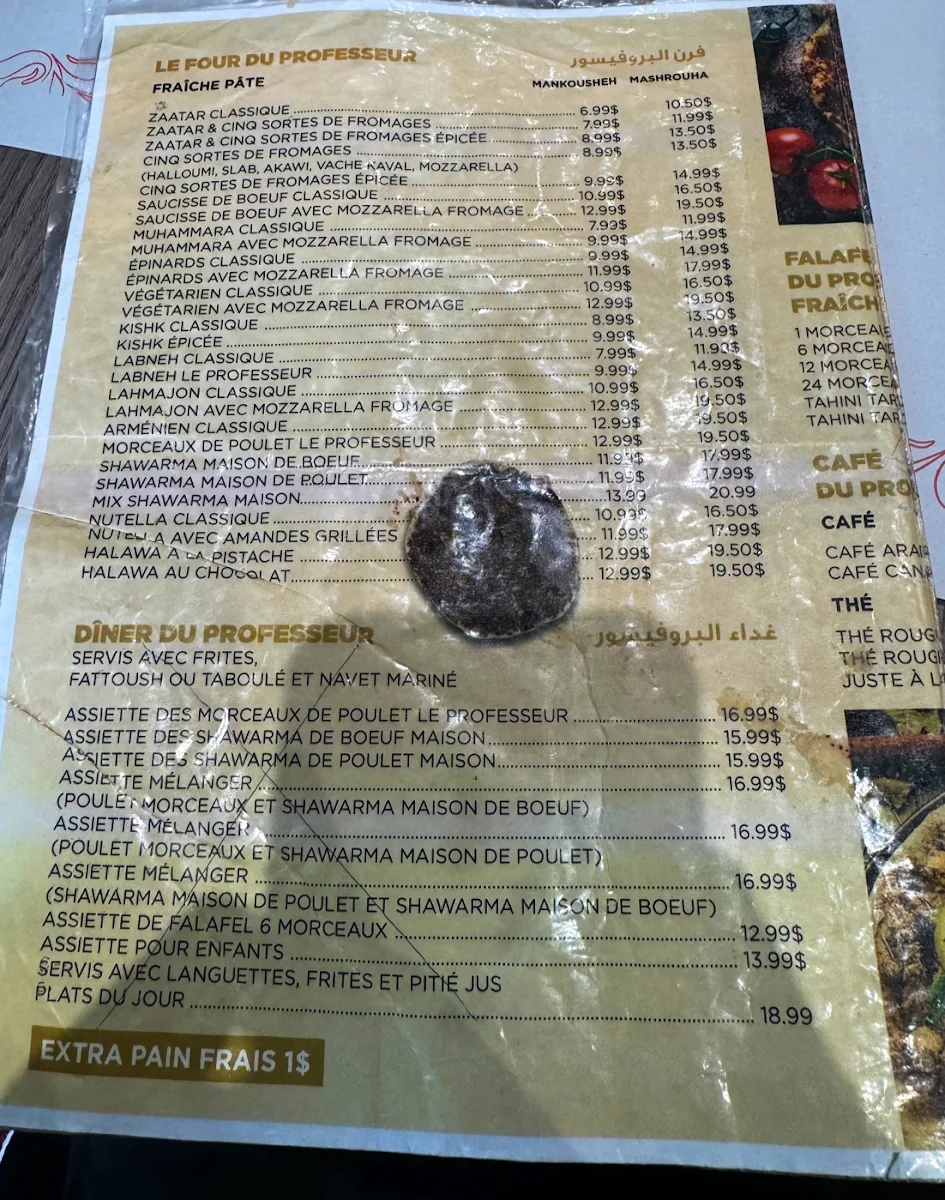 Menu, Restaurant Le Professeur