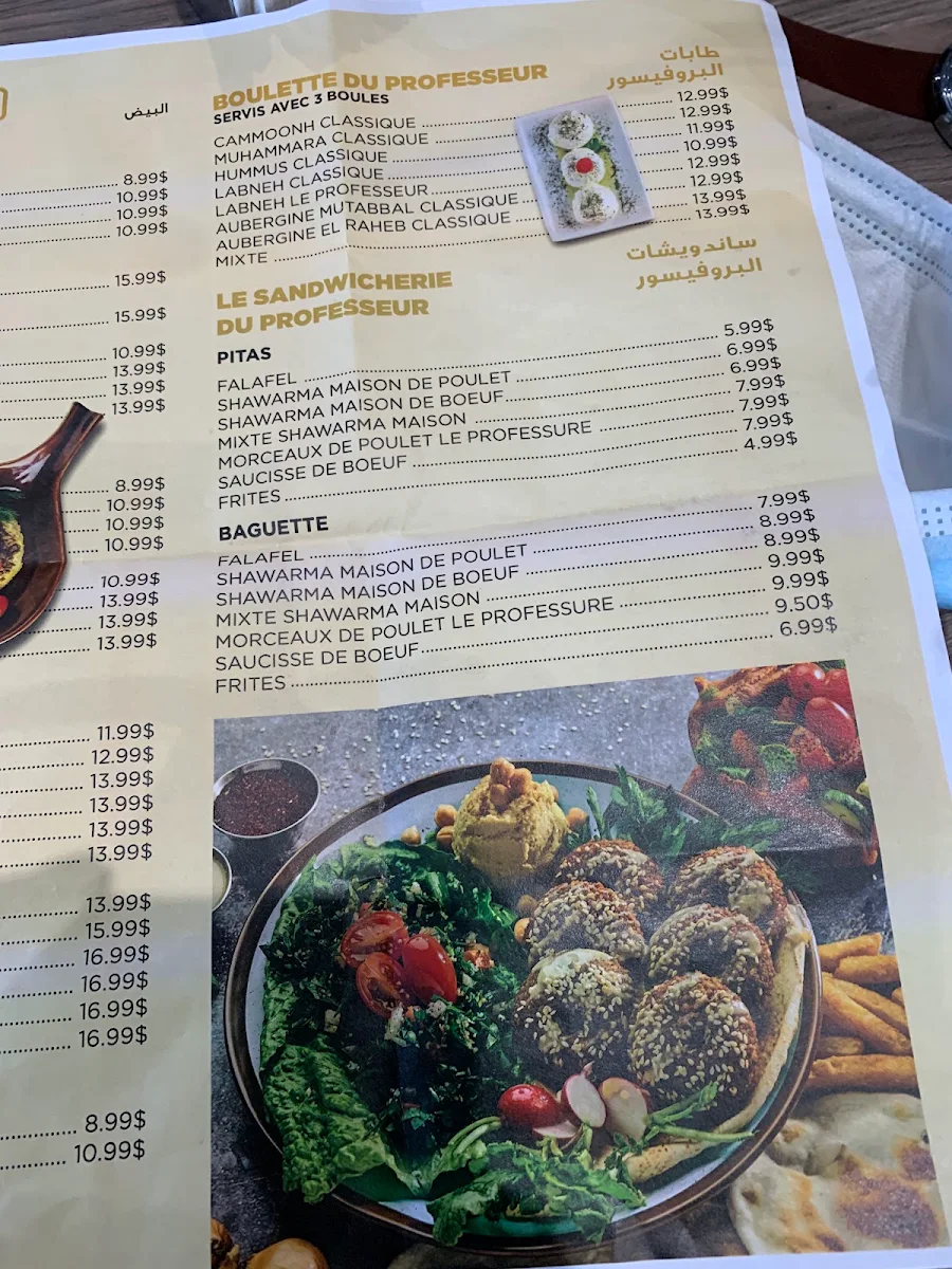 Menu, Restaurant Le Professeur