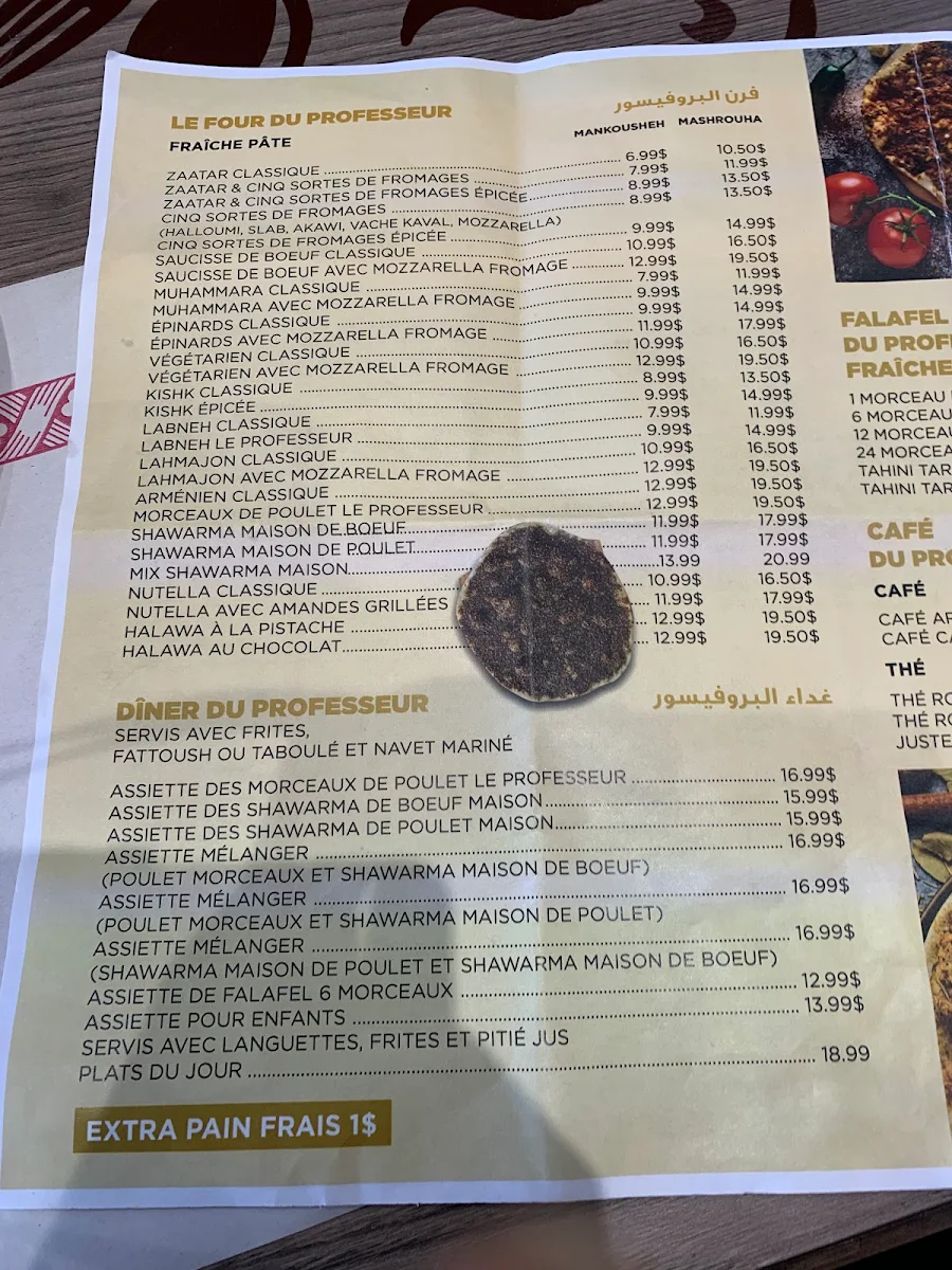 Menu, Restaurant Le Professeur