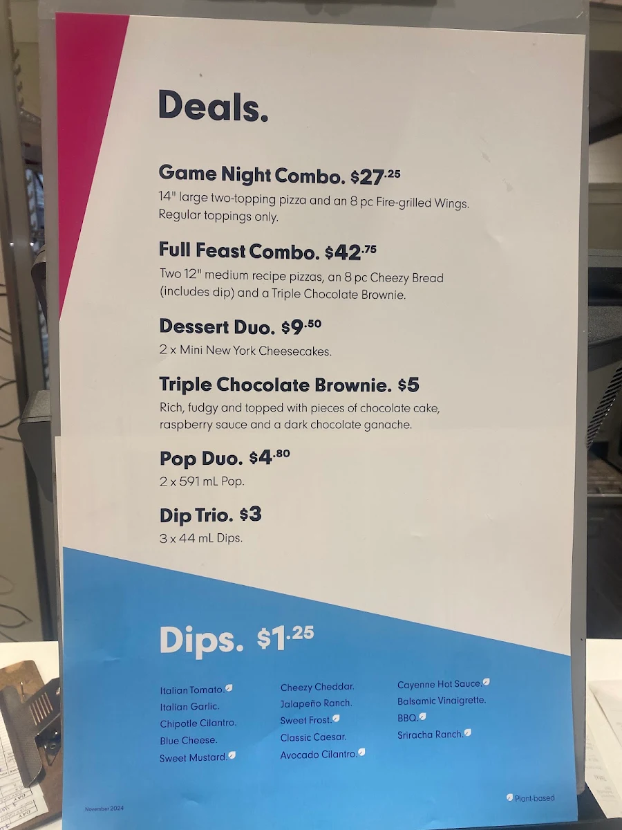 Menu, Panago Pizza
