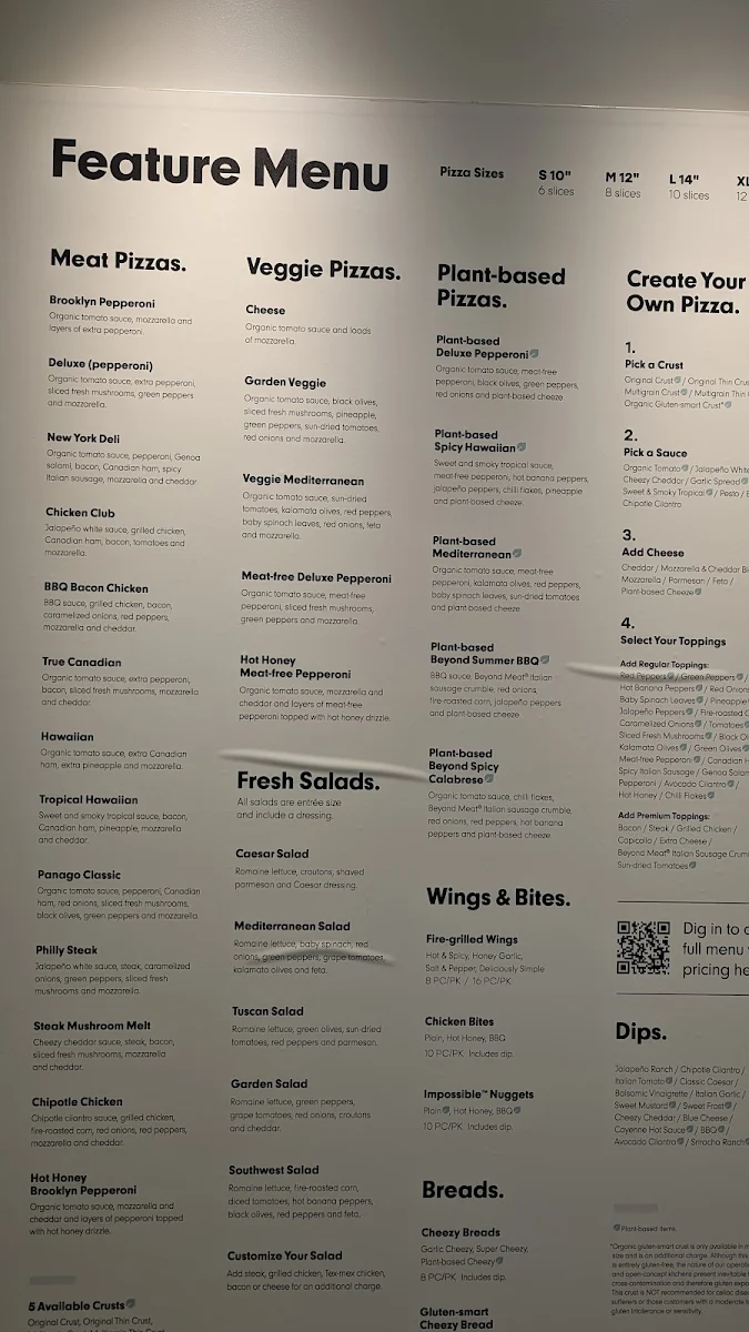 Menu, Panago Pizza