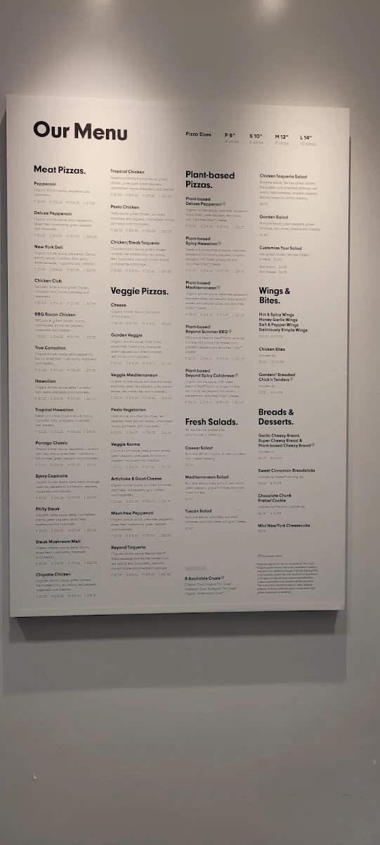 Menu, Panago Pizza