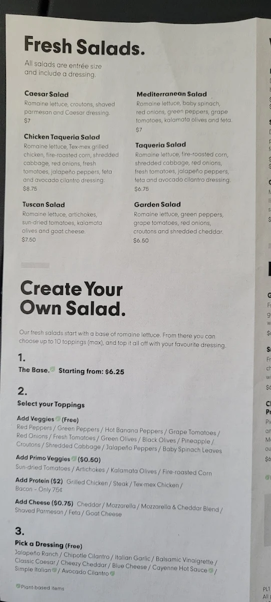 Menu, Panago Pizza