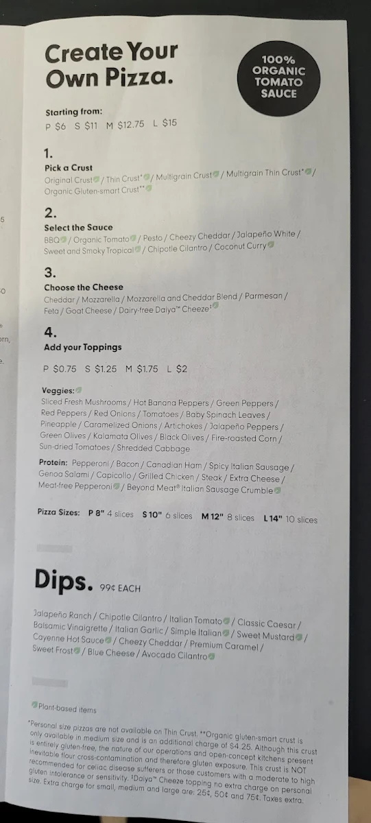 Menu, Panago Pizza