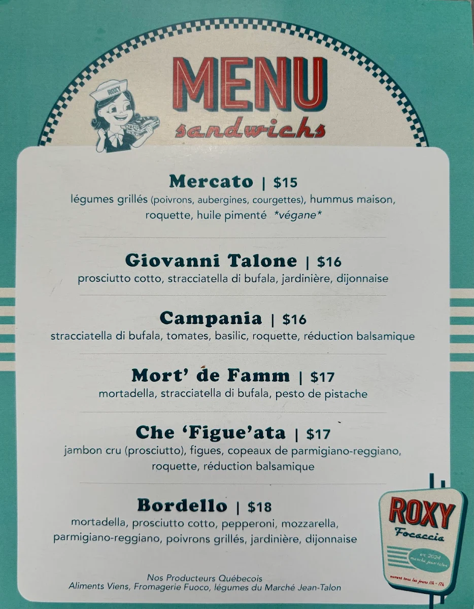 Menu, Roxy Focaccia Marché Jean-Talon