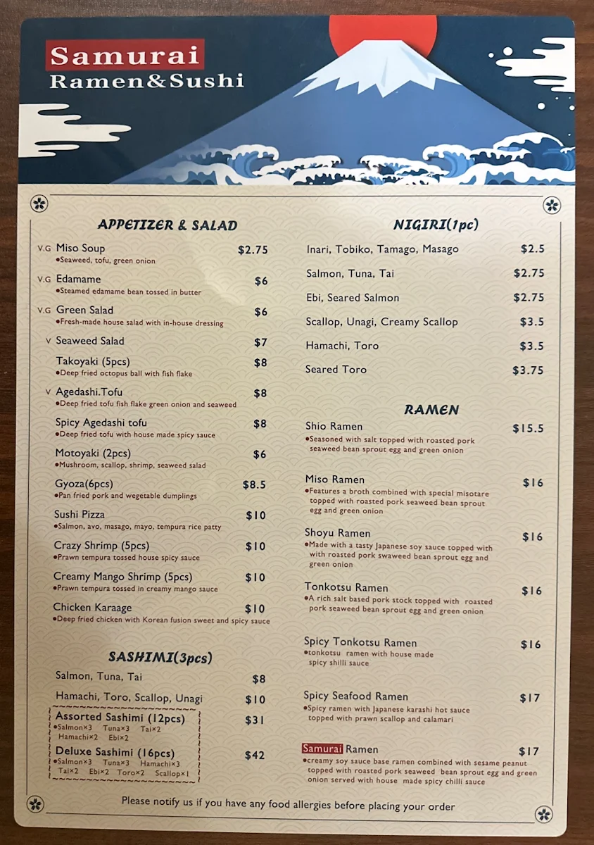 Menu, Samurai Ramen & Sushi