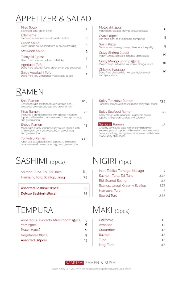 Menu, Samurai Ramen & Sushi