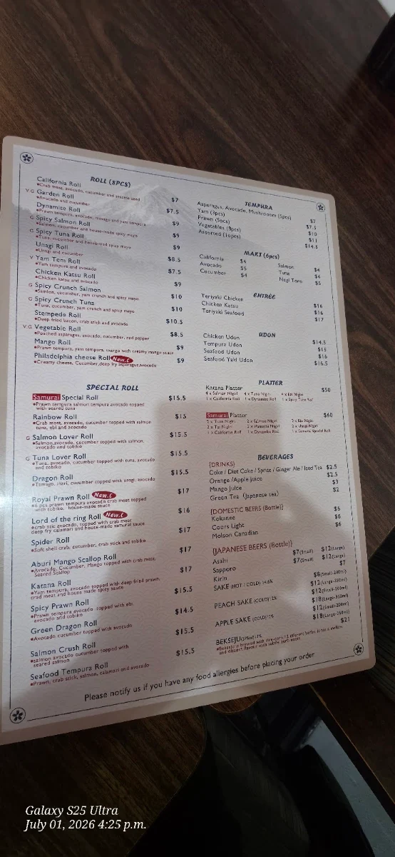 Menu, Samurai Ramen & Sushi