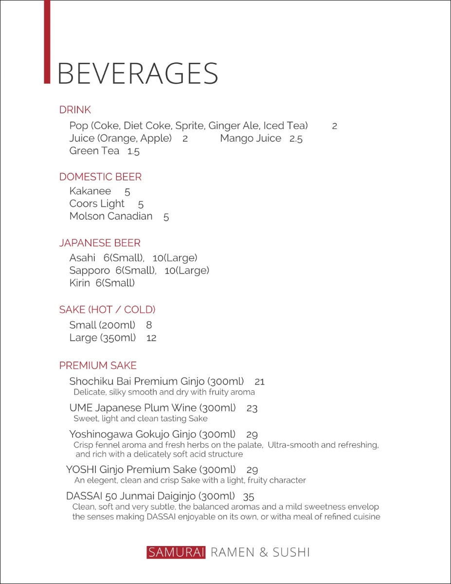 Menu, Samurai Ramen & Sushi
