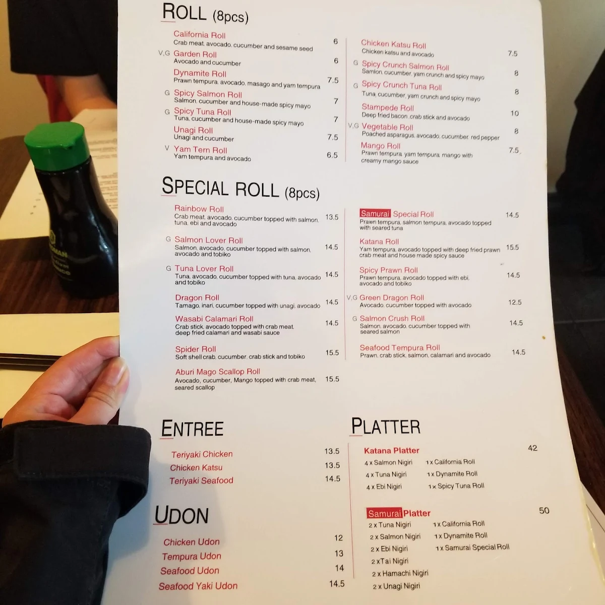 Menu, Samurai Ramen & Sushi