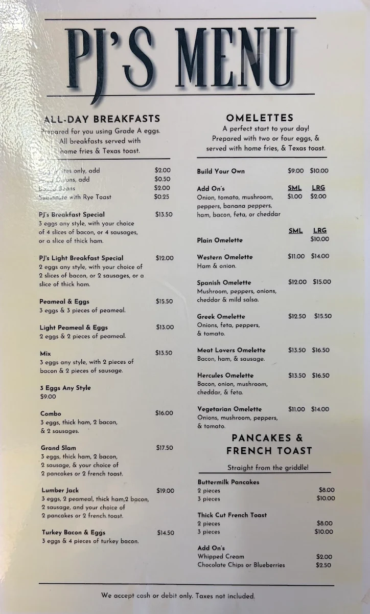 Menu, PJ'S Restaurant