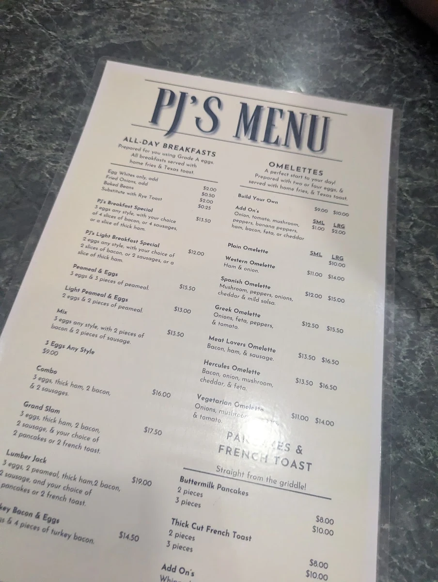 Menu, PJ'S Restaurant