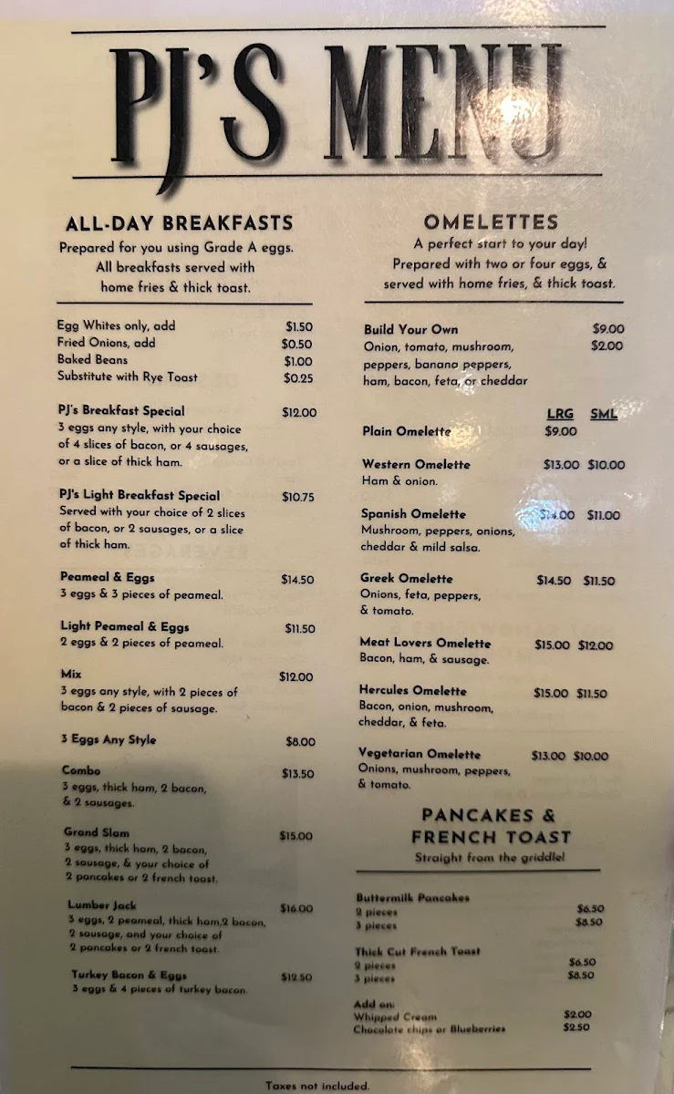 Menu, PJ'S Restaurant