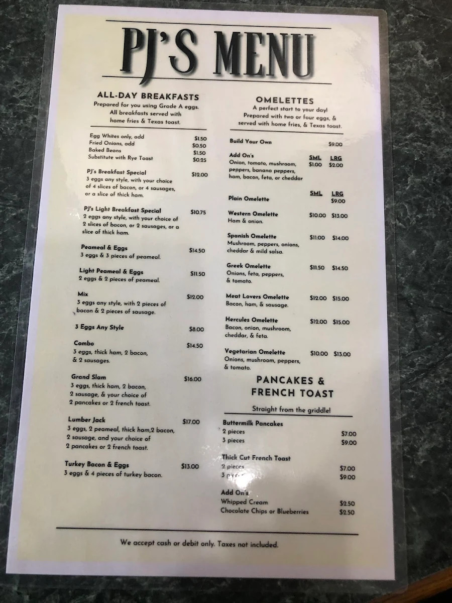 Menu, PJ'S Restaurant