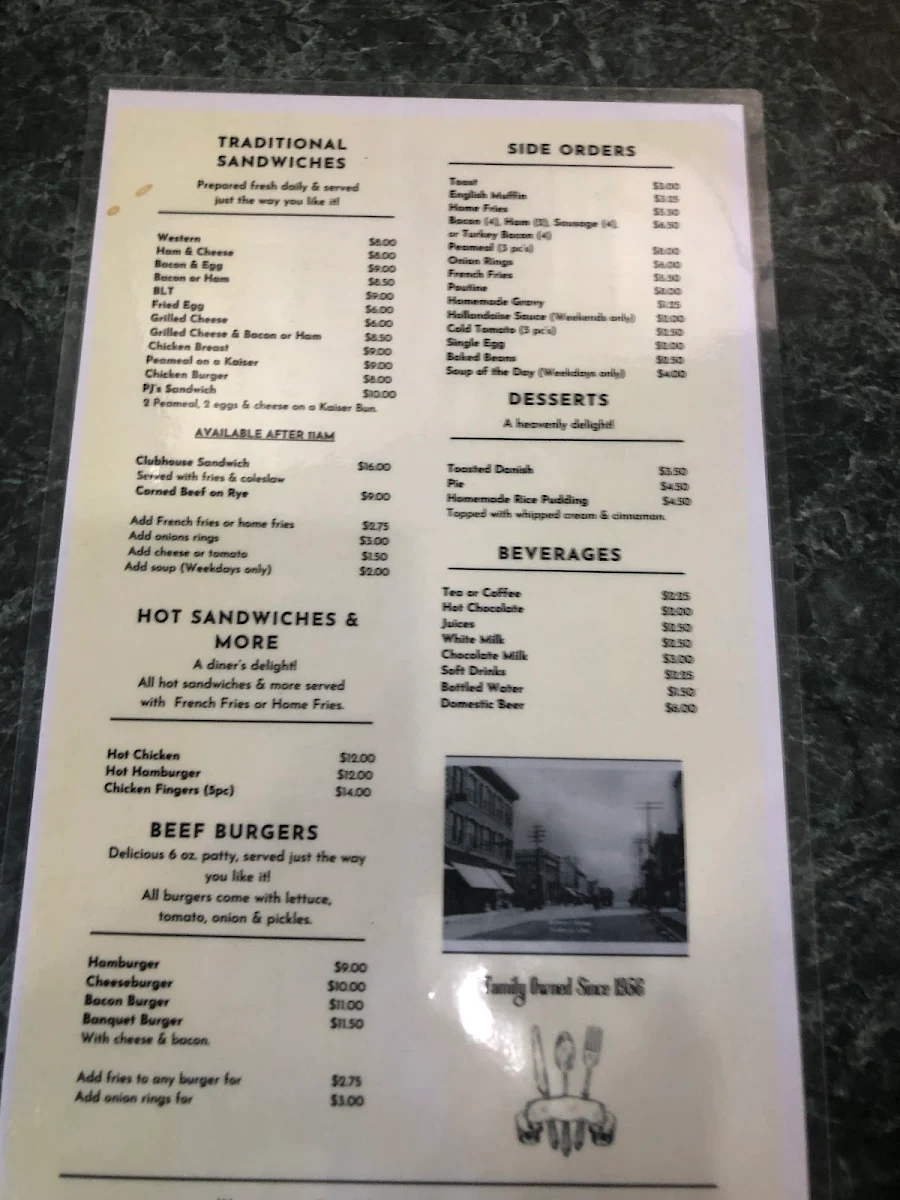 Menu, PJ'S Restaurant