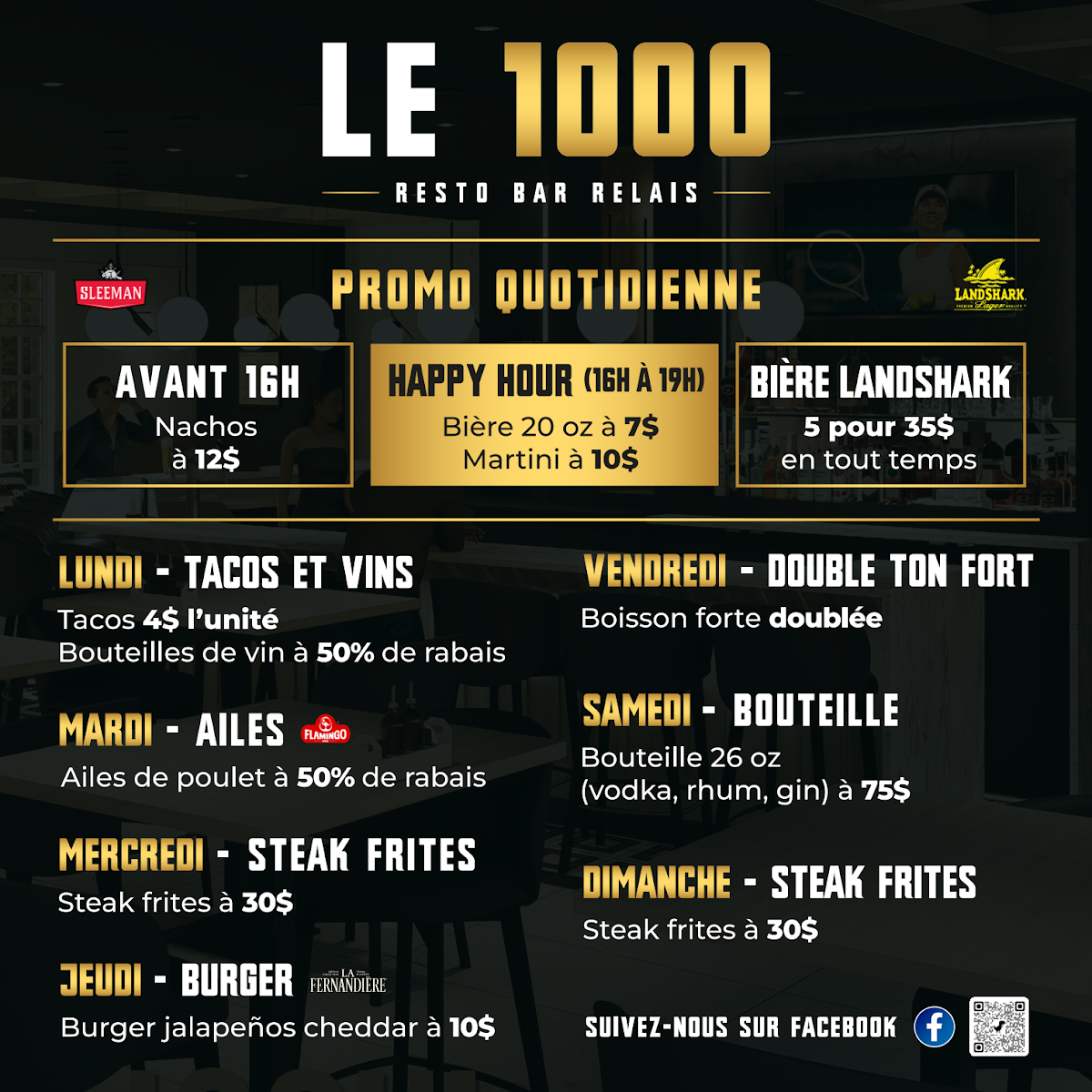 Menu, Le 1000 Resto Bar Relais