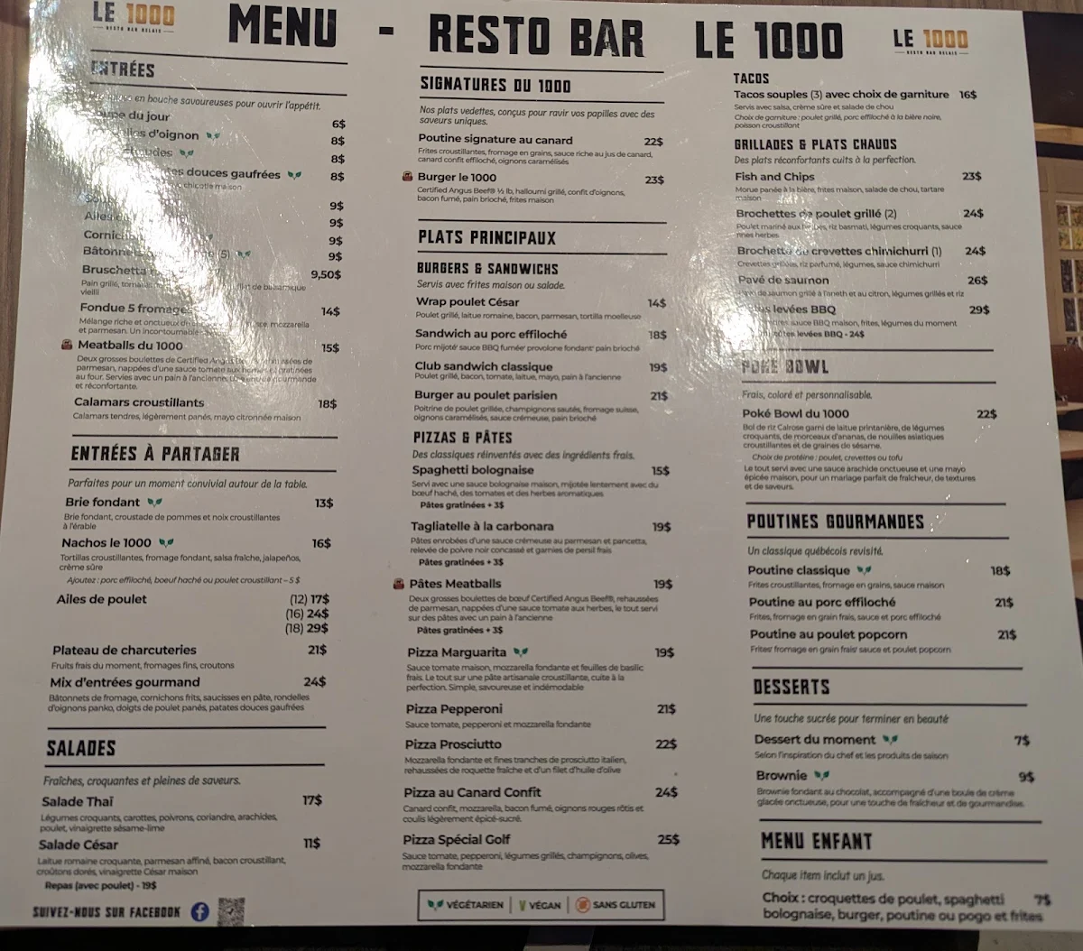 Menu, Le 1000 Resto Bar Relais