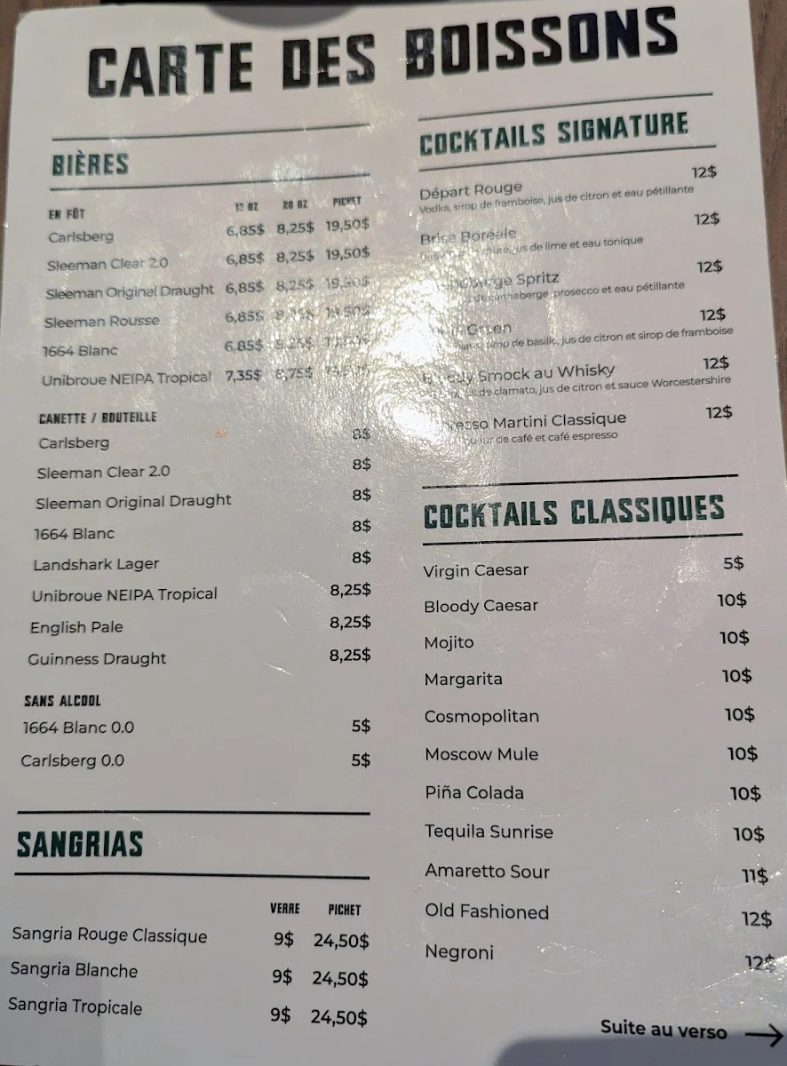 Menu, Le 1000 Resto Bar Relais