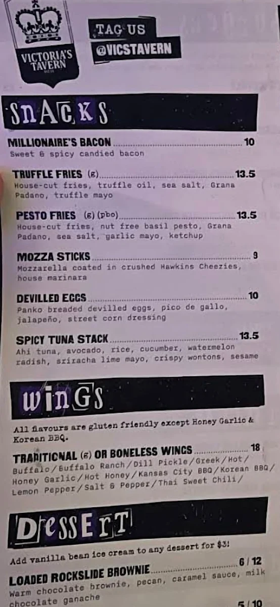Menu, Victoria's Tavern Downtown