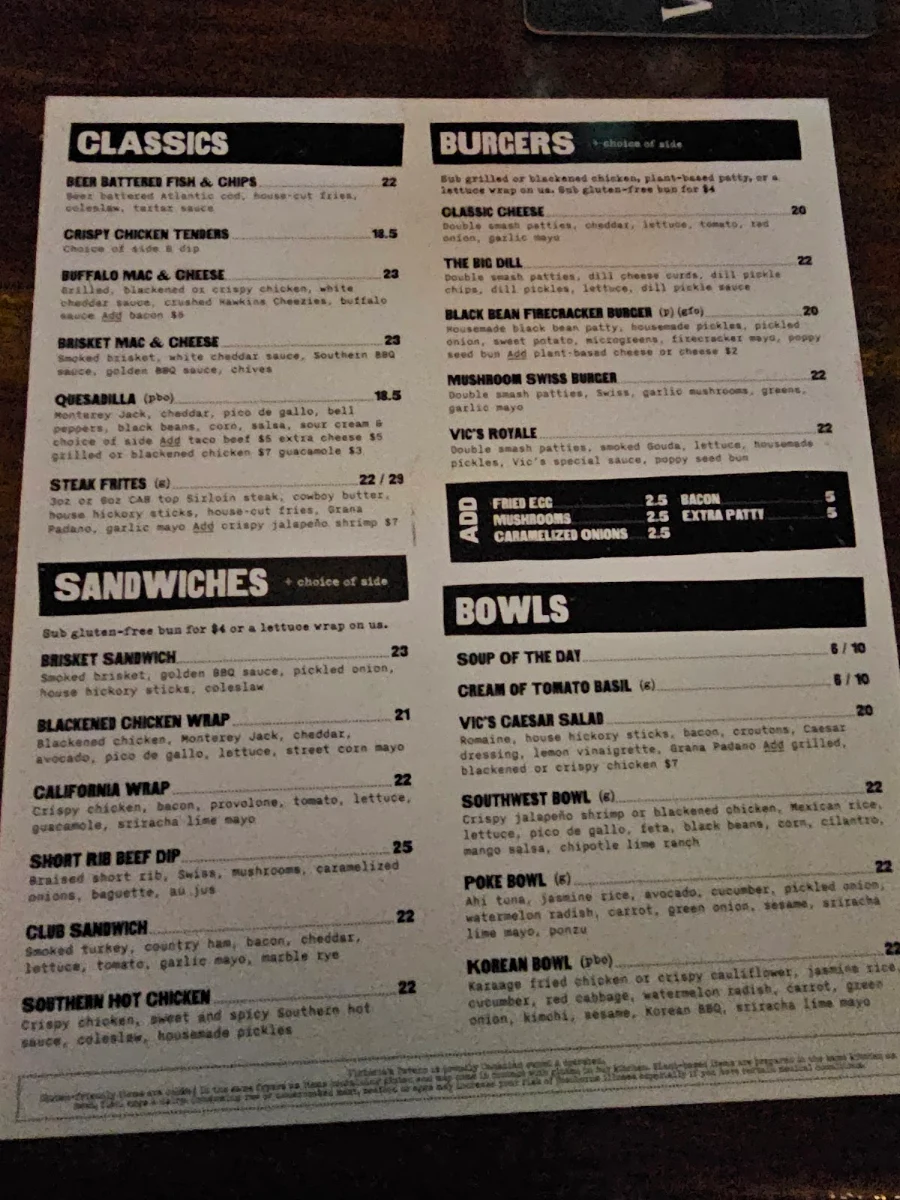 Menu, Victoria's Tavern Downtown