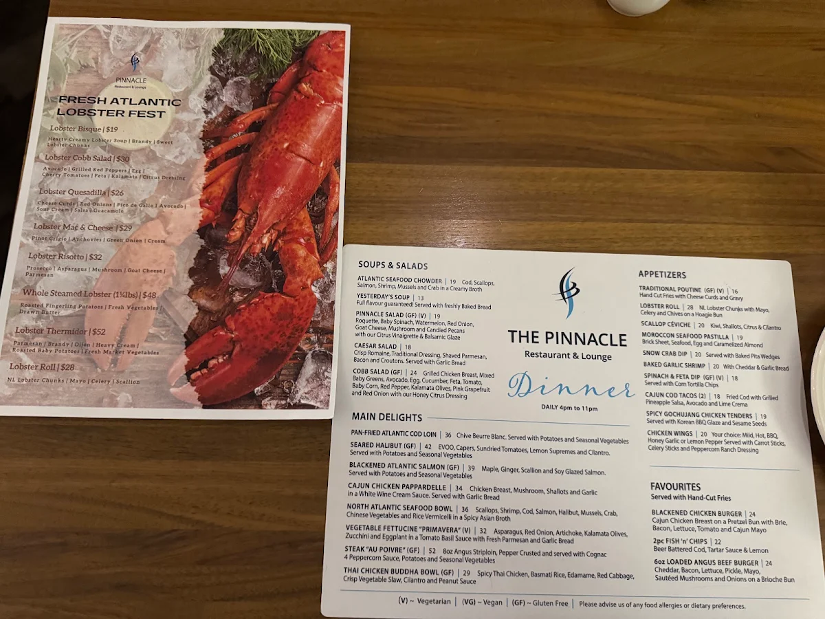 Menu, Pinnacle Restaurant & Lounge