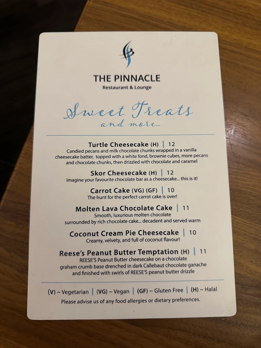 Menu, Pinnacle Restaurant & Lounge