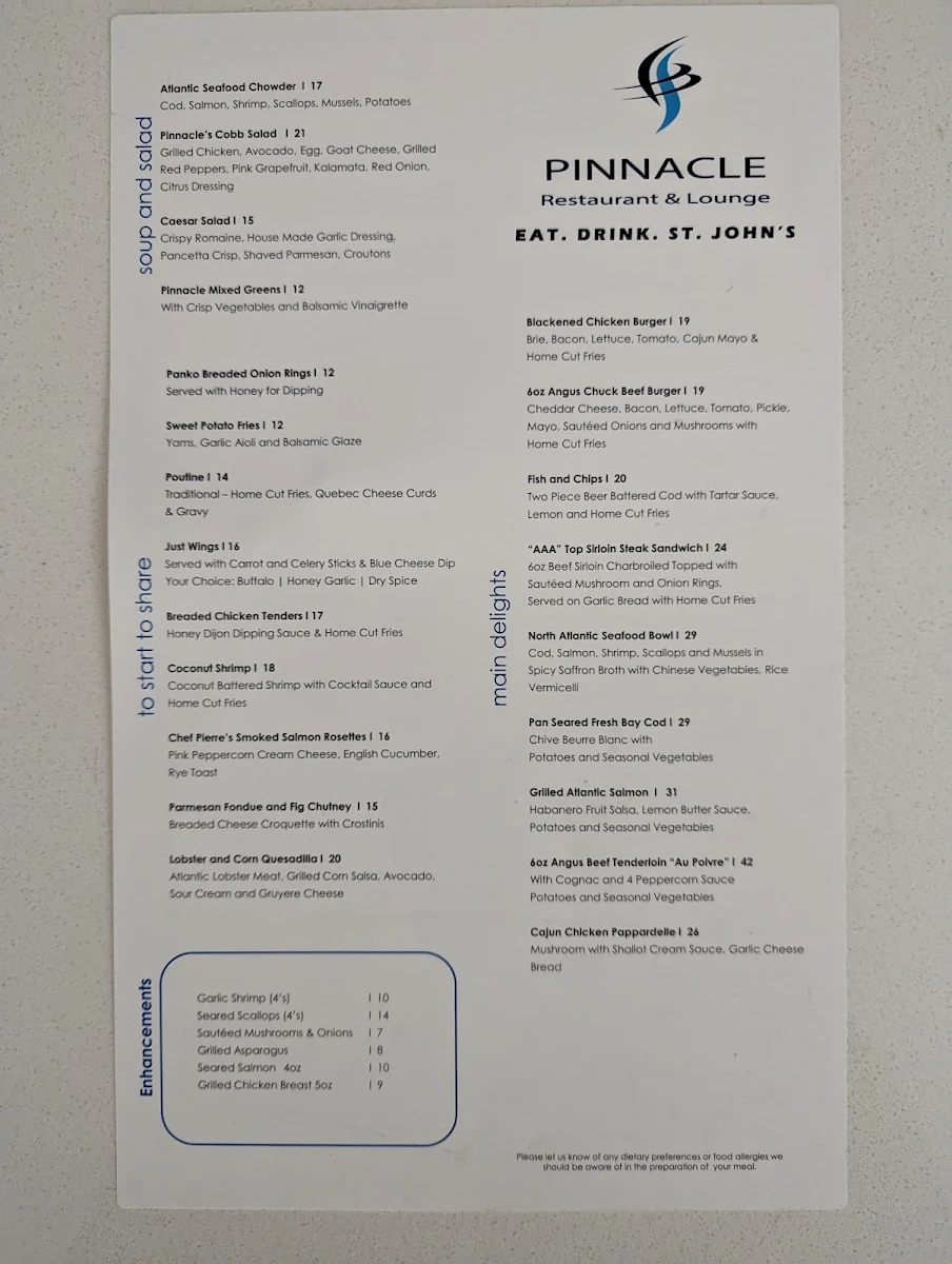 Menu, Pinnacle Restaurant & Lounge