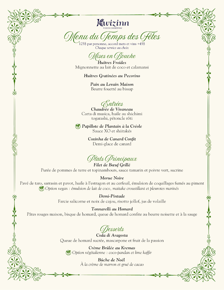 Menu, Kwizinn Vieux-Montréal