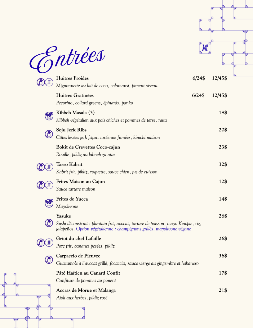 Menu, Kwizinn Vieux-Montréal