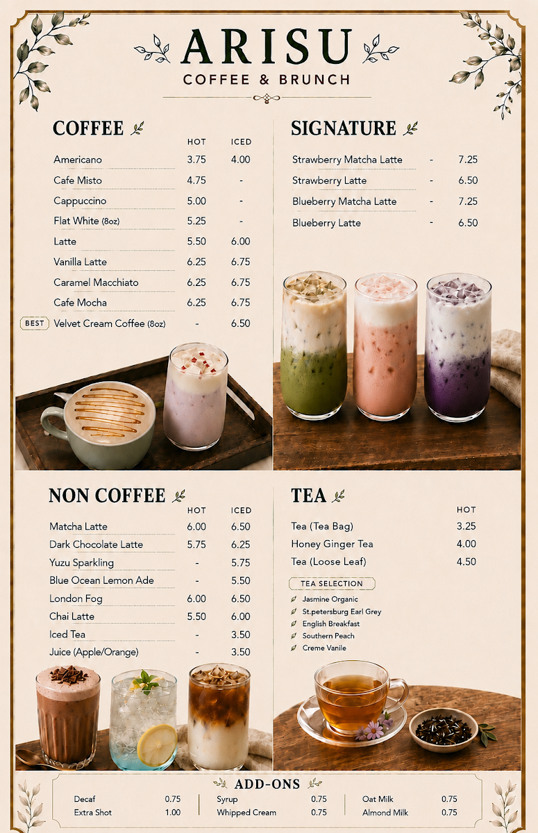 Menu, ARISU COFFEE & BRUNCH
