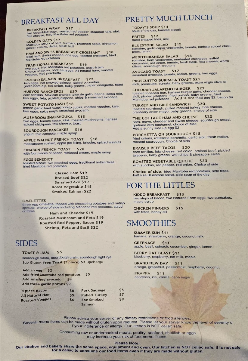 Menu, Bluestone Cottage Bakery Cafe
