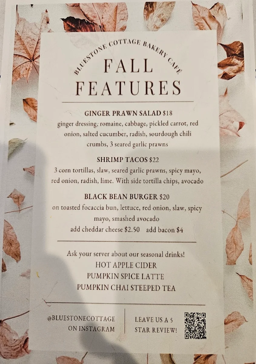 Menu, Bluestone Cottage Bakery Cafe