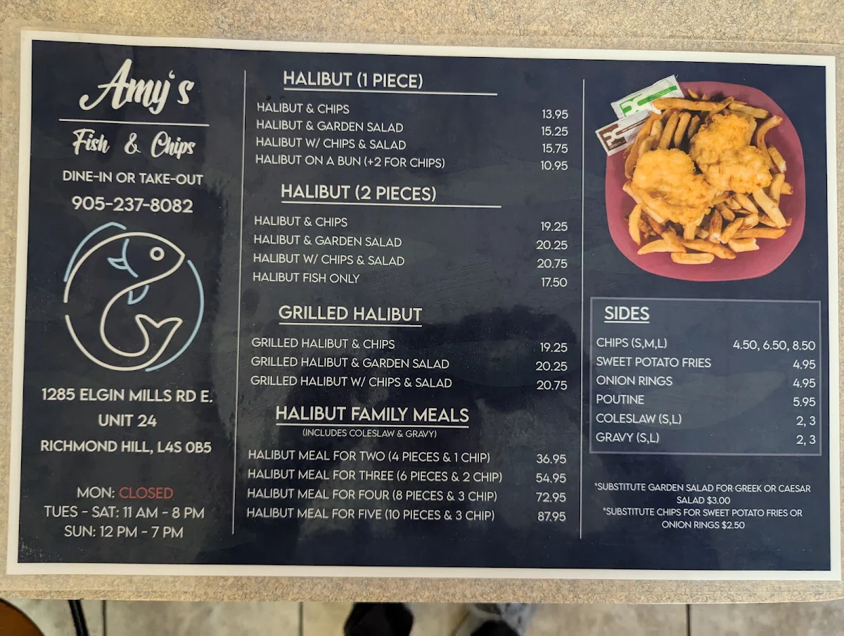Menu, Amy's Fish & Chips