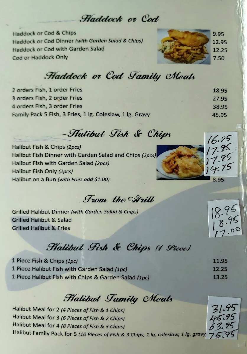 Menu, Amy's Fish & Chips