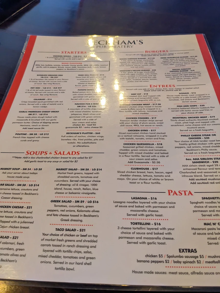 Menu, Beckham's Pub & Eatery