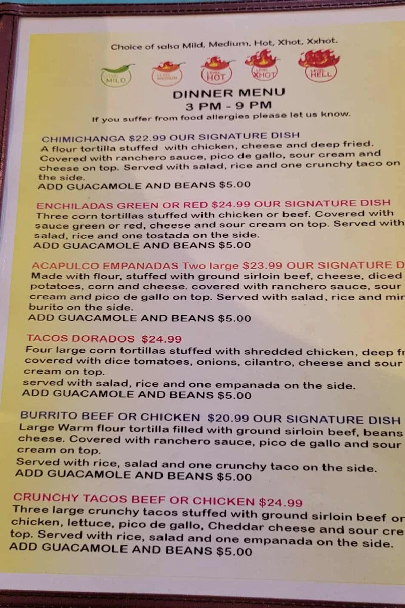 Menu, La Casa Mexicana
