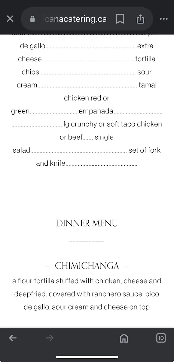 Menu, La Casa Mexicana