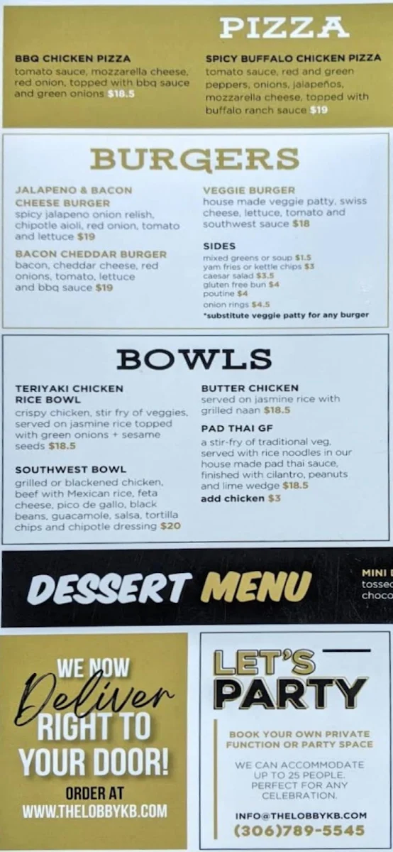 Menu, The Lobby Kitchen & Bar