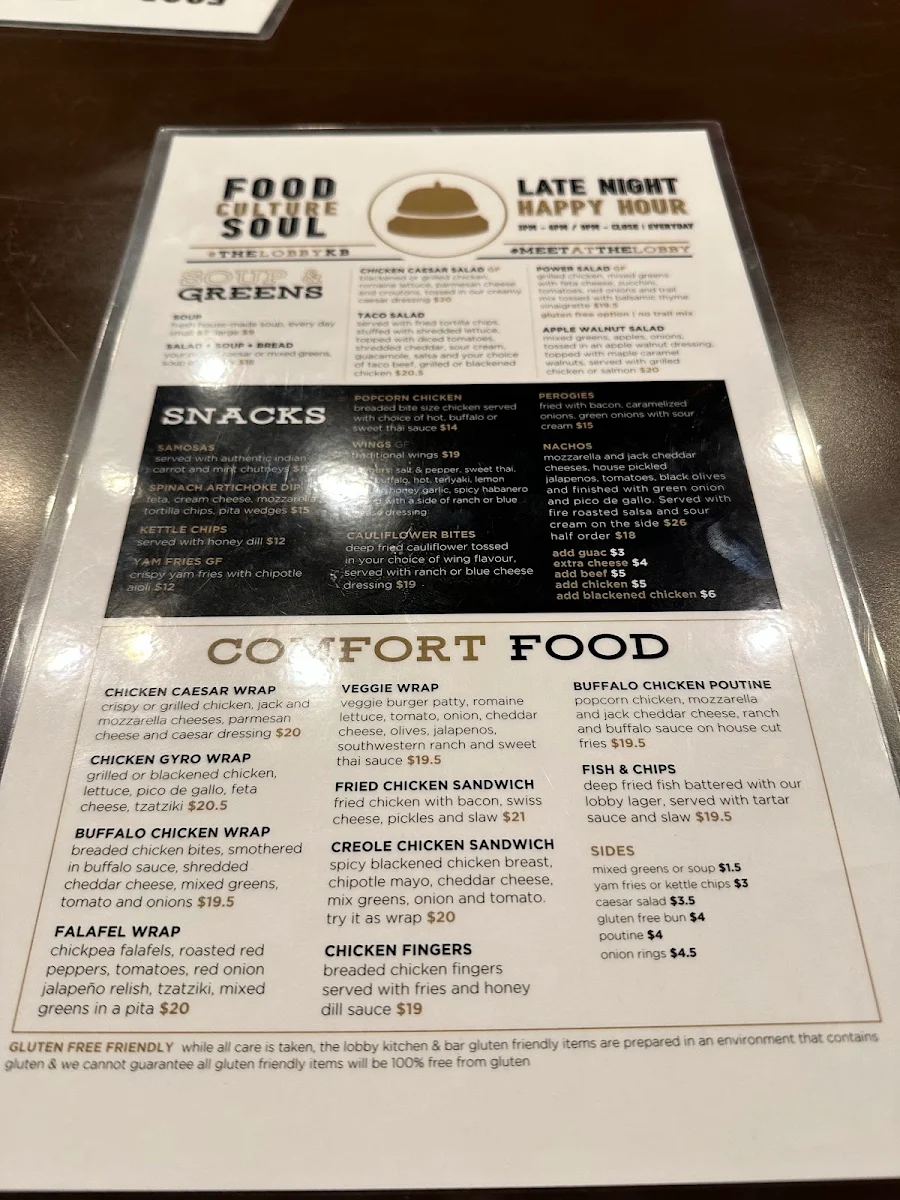 Menu, The Lobby Kitchen & Bar