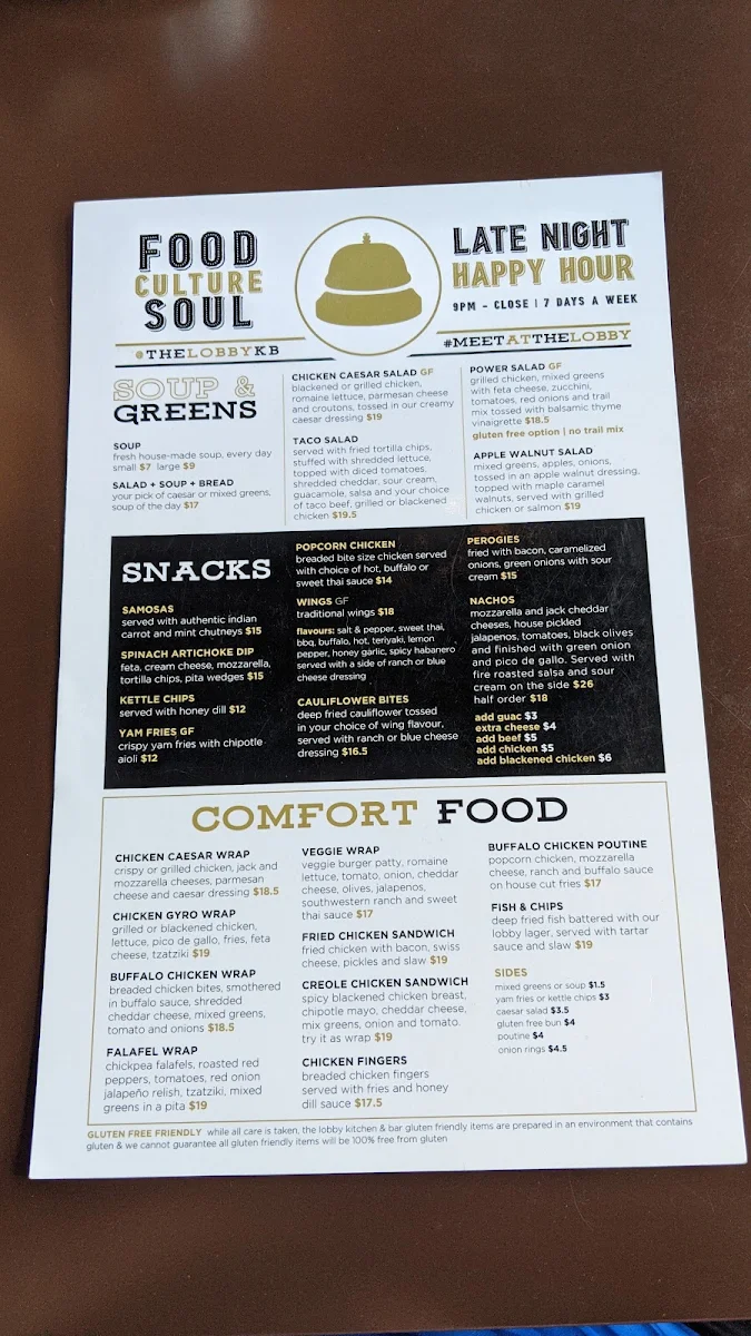 Menu, The Lobby Kitchen & Bar