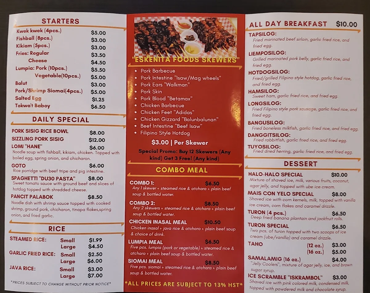 Menu, Eskenita Foods