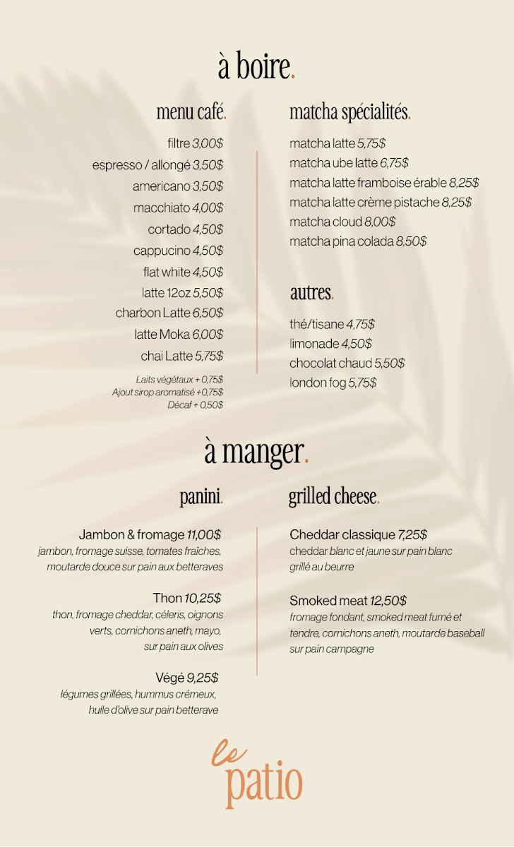 Menu, Le Patio