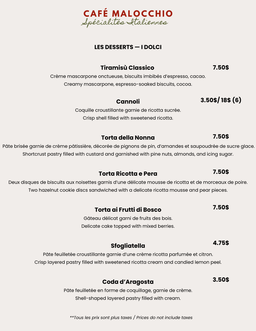 Menu, Café Malocchio